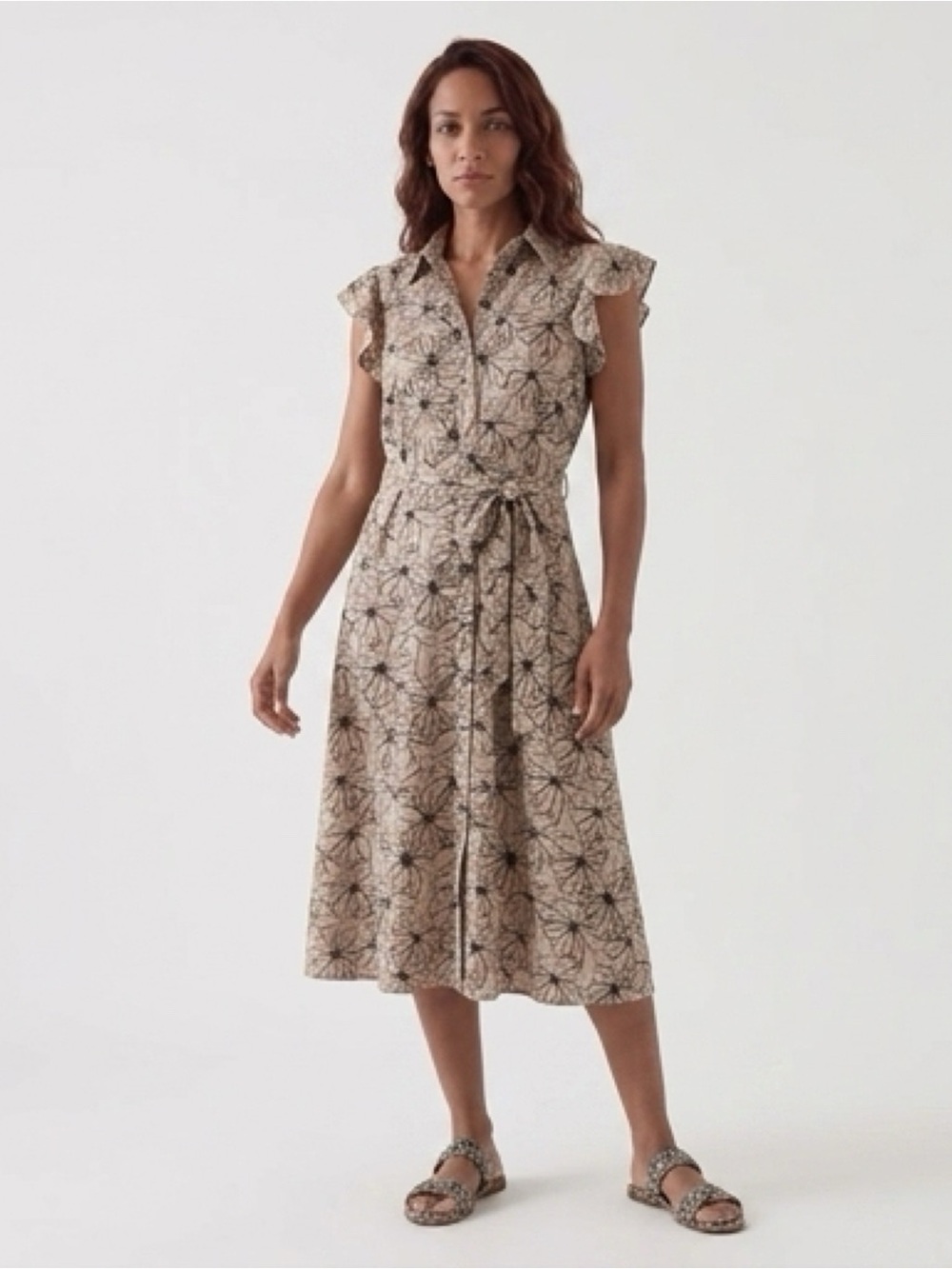 Beige Floral Button-Front Tie-Waist Midi Dress | Size M